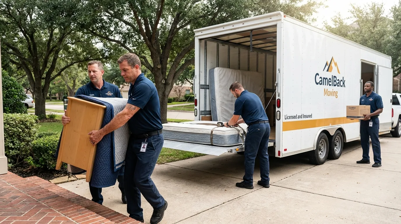 Crew loading residential truck for cross-state move from Long Lake, MN