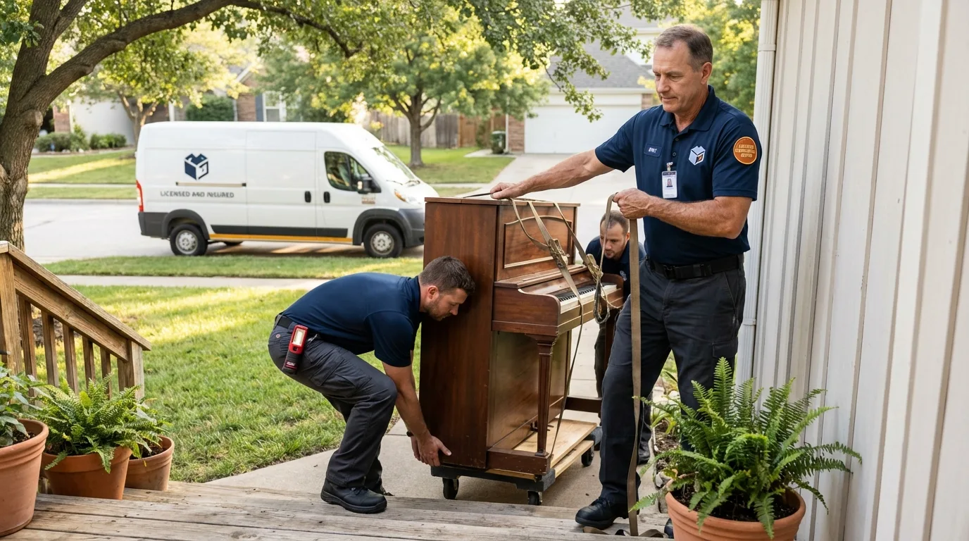 Licensed piano movers securing grand piano in Long Lake, MN