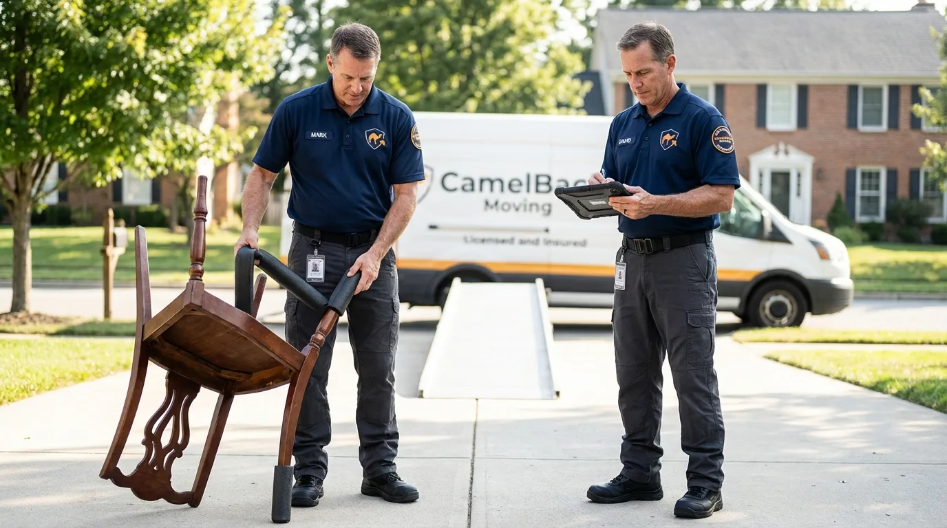 Movers inspecting furniture for damage prevention before loading in Long Lake, MN