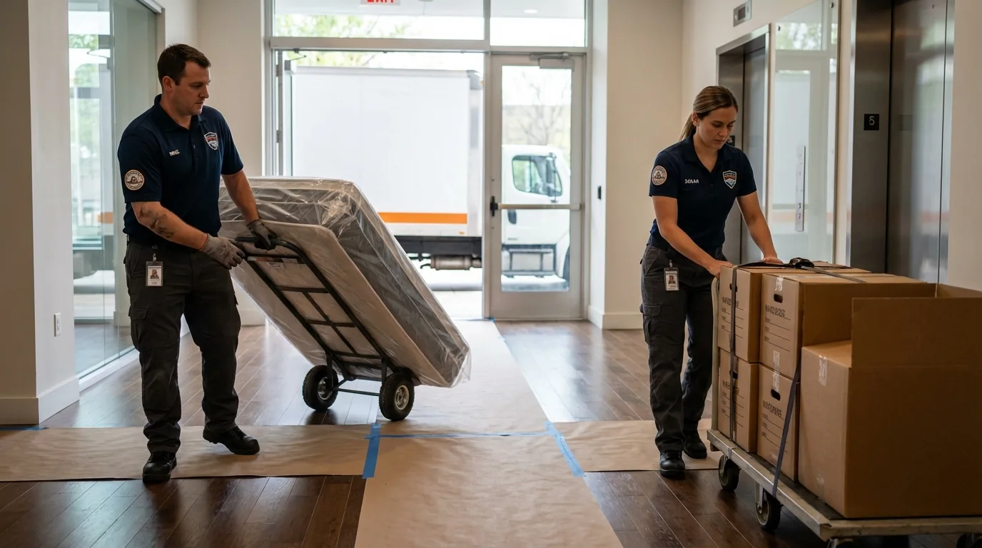 Professional apartment movers loading elevator in Long Lake, MN